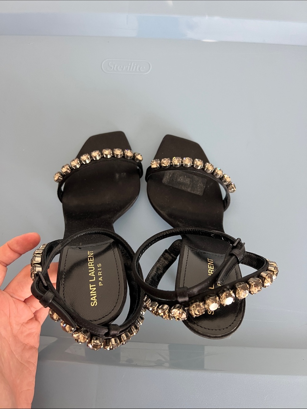Saint Laurent Paris black and crystal embellished open toe sandals strappy heels - Picture 7 of 12